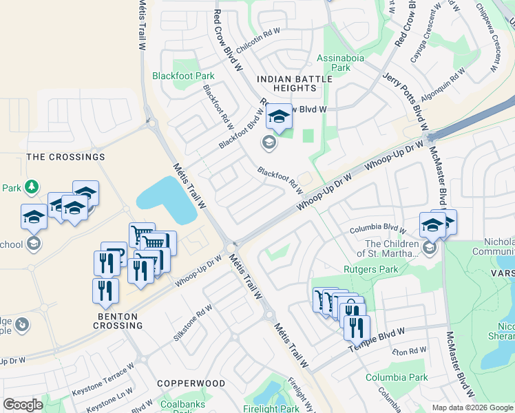 map of restaurants, bars, coffee shops, grocery stores, and more near 770 Blackfoot Terrace West in Lethbridge