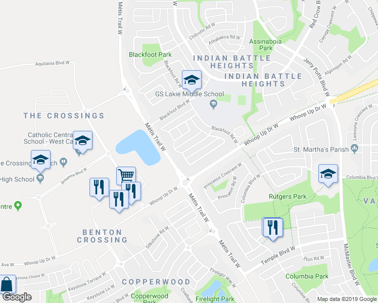 map of restaurants, bars, coffee shops, grocery stores, and more near 662 Blackfoot Terrace West in Lethbridge