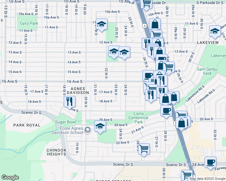 map of restaurants, bars, coffee shops, grocery stores, and more near 1616 23 Street South in Lethbridge