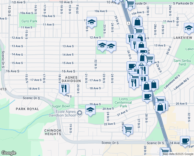 map of restaurants, bars, coffee shops, grocery stores, and more near 1616 23 Street South in Lethbridge