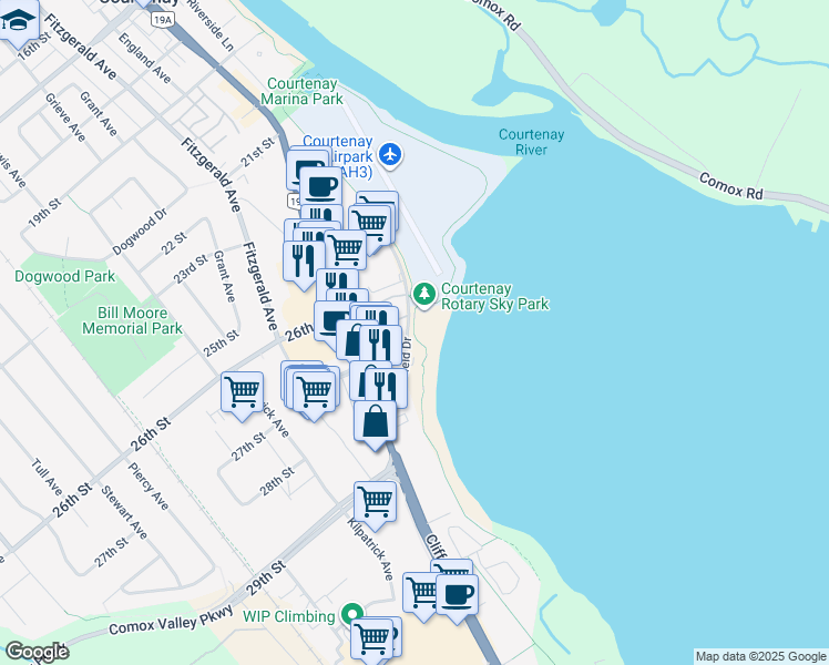 map of restaurants, bars, coffee shops, grocery stores, and more near Courtenay Riverway Heritage Walk in Courtenay