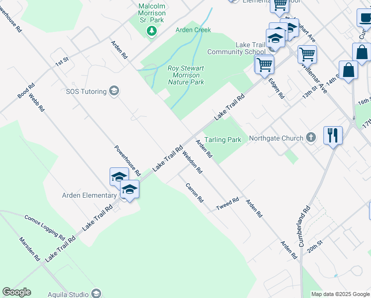 map of restaurants, bars, coffee shops, grocery stores, and more near 1020 Webdon Road in Courtenay