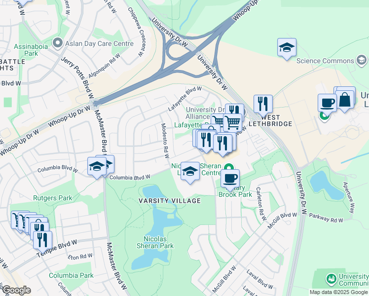 map of restaurants, bars, coffee shops, grocery stores, and more near 14 Lafayette Place West in Lethbridge