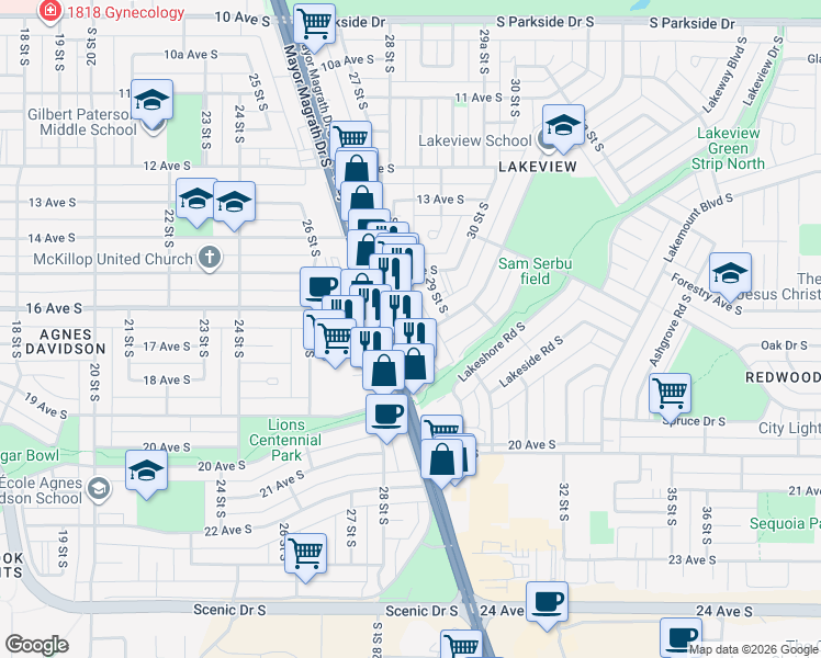 map of restaurants, bars, coffee shops, grocery stores, and more near 1718 Henderson Lake Boulevard South in Lethbridge