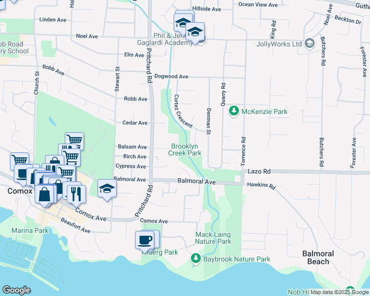 map of restaurants, bars, coffee shops, grocery stores, and more near Quadra Place in Comox