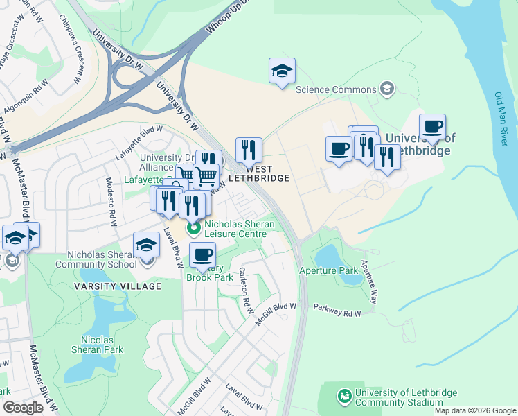 map of restaurants, bars, coffee shops, grocery stores, and more near 37 Berkeley Place West in Lethbridge
