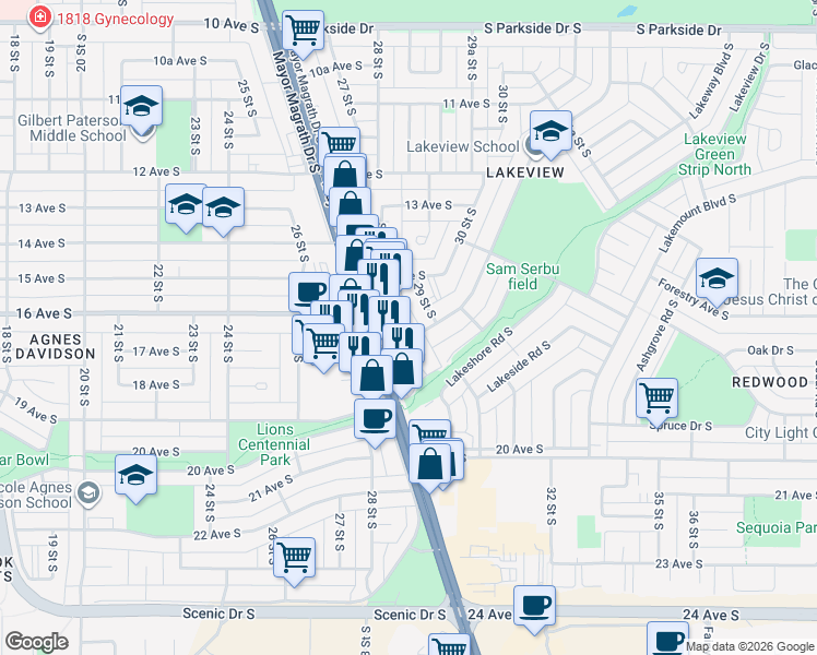 map of restaurants, bars, coffee shops, grocery stores, and more near 1717 Mayor Magrath Drive South in Lethbridge
