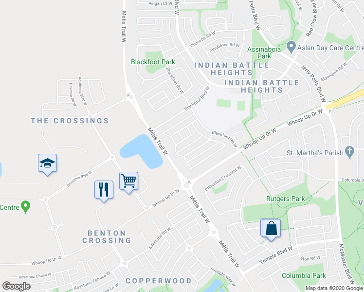 map of restaurants, bars, coffee shops, grocery stores, and more near 662 Blackfoot Terrace West in Lethbridge