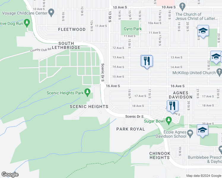 map of restaurants, bars, coffee shops, grocery stores, and more near 1302 16 Avenue South in Lethbridge