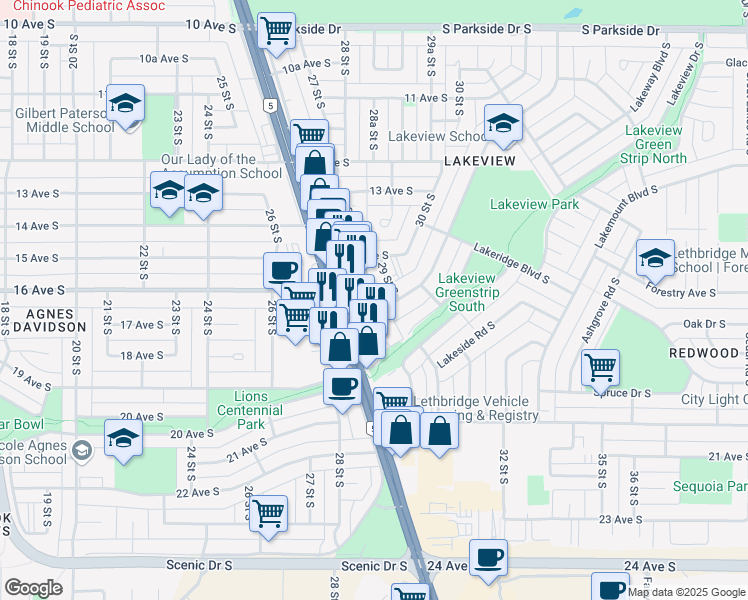 map of restaurants, bars, coffee shops, grocery stores, and more near 1716 Henderson Lake Boulevard South in Lethbridge