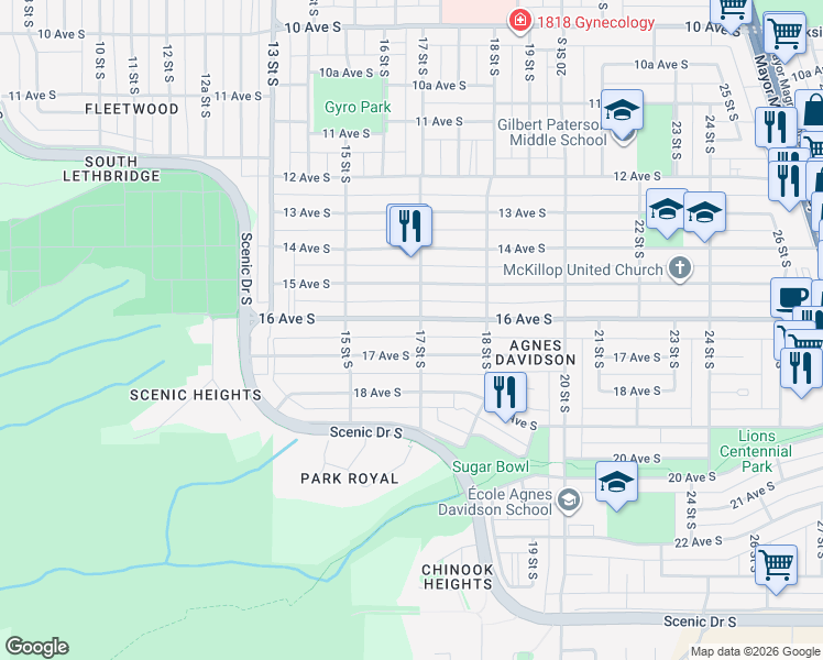 map of restaurants, bars, coffee shops, grocery stores, and more near 1606 17 Street South in Lethbridge