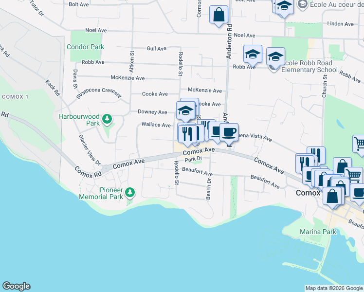map of restaurants, bars, coffee shops, grocery stores, and more near 2082 Comox Avenue in Comox