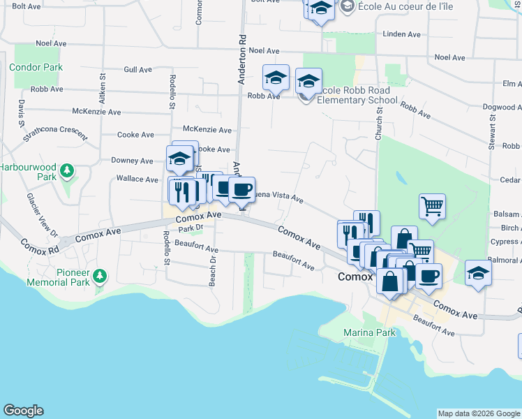 map of restaurants, bars, coffee shops, grocery stores, and more near 1970 Comox Avenue in Comox