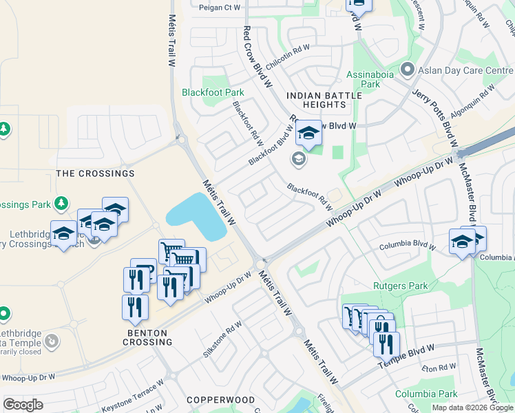 map of restaurants, bars, coffee shops, grocery stores, and more near 662 Blackfoot Terrace West in Lethbridge