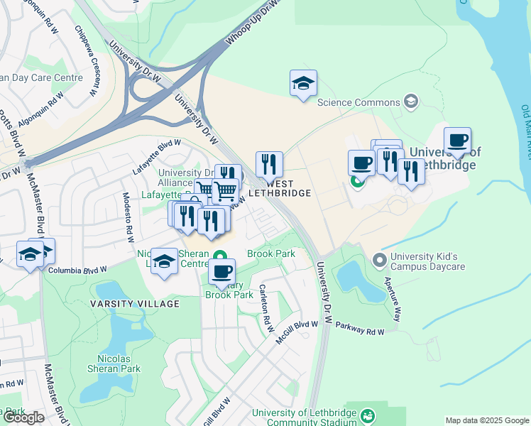 map of restaurants, bars, coffee shops, grocery stores, and more near 4305 University Drive West in Lethbridge