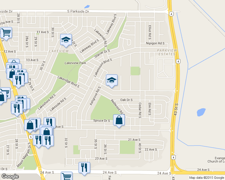 map of restaurants, bars, coffee shops, grocery stores, and more near 3611 Forestry Ave S in Lethbridge