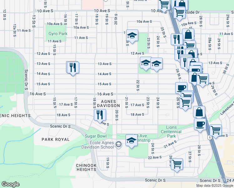 map of restaurants, bars, coffee shops, grocery stores, and more near 16 Avenue South in Lethbridge