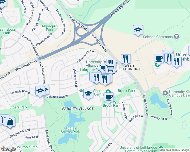 map of restaurants, bars, coffee shops, grocery stores, and more near 175 Columbia Boulevard West in Lethbridge