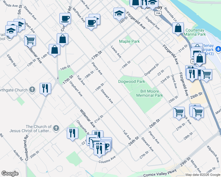 map of restaurants, bars, coffee shops, grocery stores, and more near 1965 Piercy Avenue in Courtenay