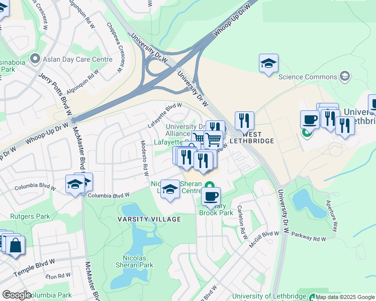 map of restaurants, bars, coffee shops, grocery stores, and more near 21 Lafayette Boulevard West in Lethbridge