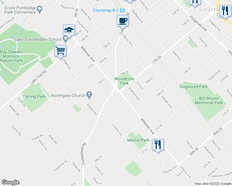 map of restaurants, bars, coffee shops, grocery stores, and more near 1695 A Willemar Avenue in Courtenay