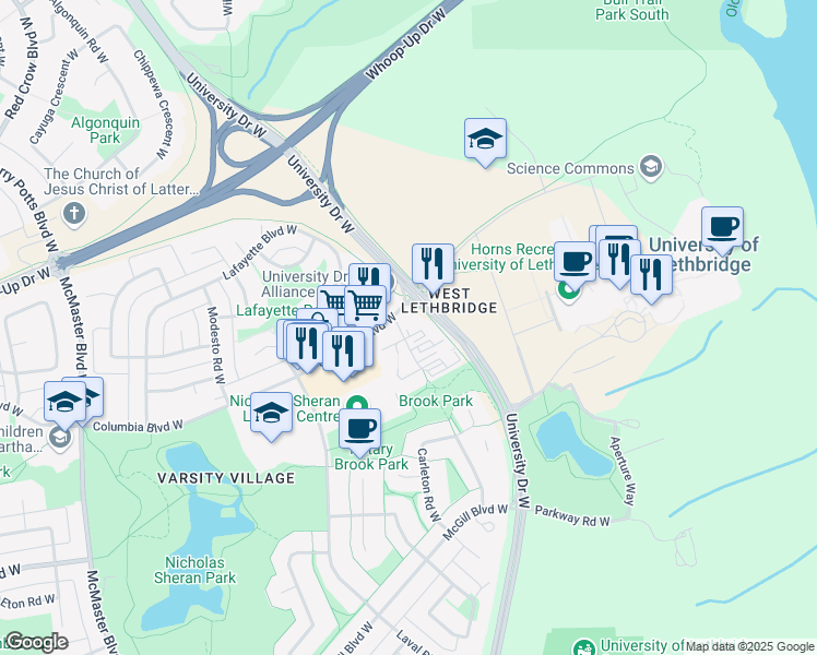 map of restaurants, bars, coffee shops, grocery stores, and more near 5 Berkeley Place West in Lethbridge