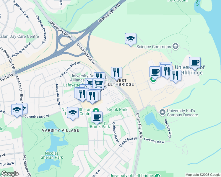 map of restaurants, bars, coffee shops, grocery stores, and more near 2 Columbia Boulevard West in Lethbridge
