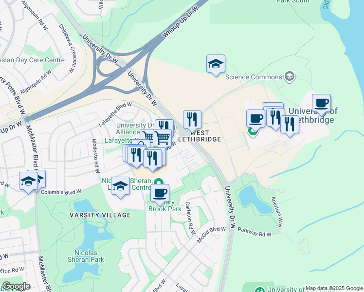 map of restaurants, bars, coffee shops, grocery stores, and more near 2 Columbia Boulevard West in Lethbridge