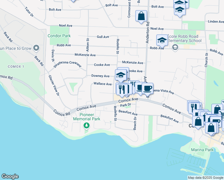 map of restaurants, bars, coffee shops, grocery stores, and more near 289 Rodello Street in Comox
