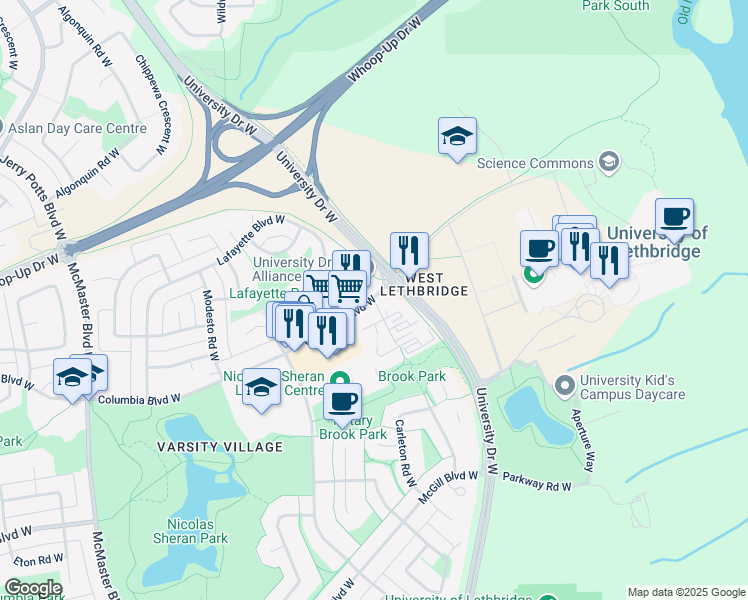 map of restaurants, bars, coffee shops, grocery stores, and more near 2 Columbia Boulevard West in Lethbridge