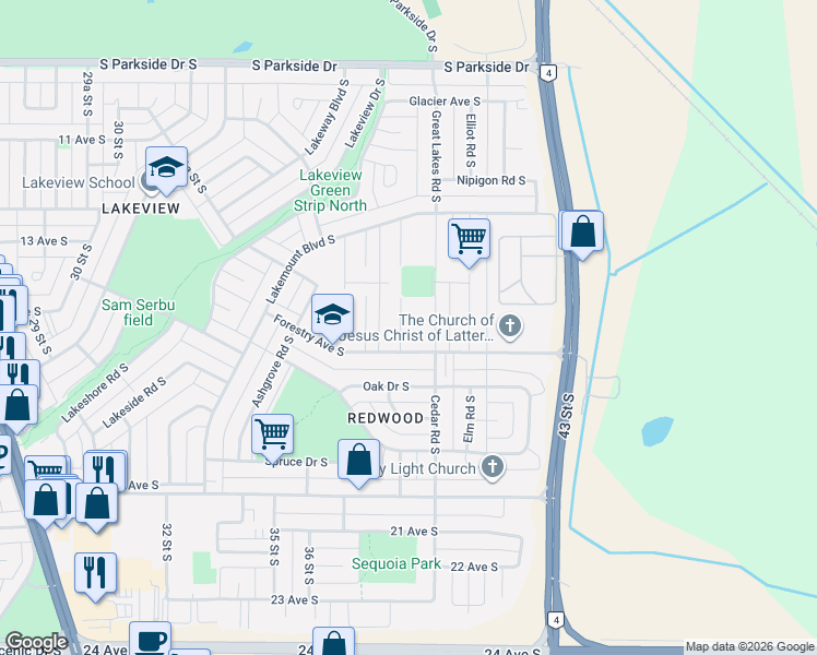 map of restaurants, bars, coffee shops, grocery stores, and more near 1505 Birch Place South in Lethbridge