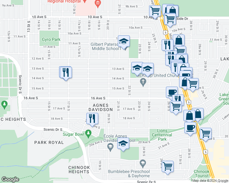 map of restaurants, bars, coffee shops, grocery stores, and more near 2014 15 Avenue South in Lethbridge