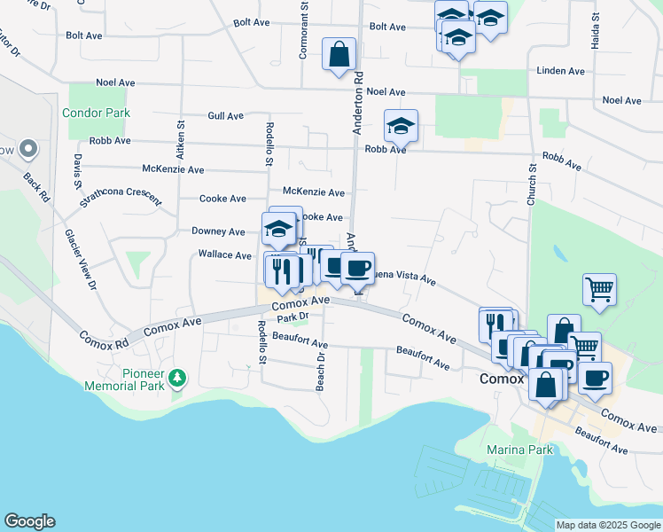 map of restaurants, bars, coffee shops, grocery stores, and more near 2030 Wallace Avenue in Comox