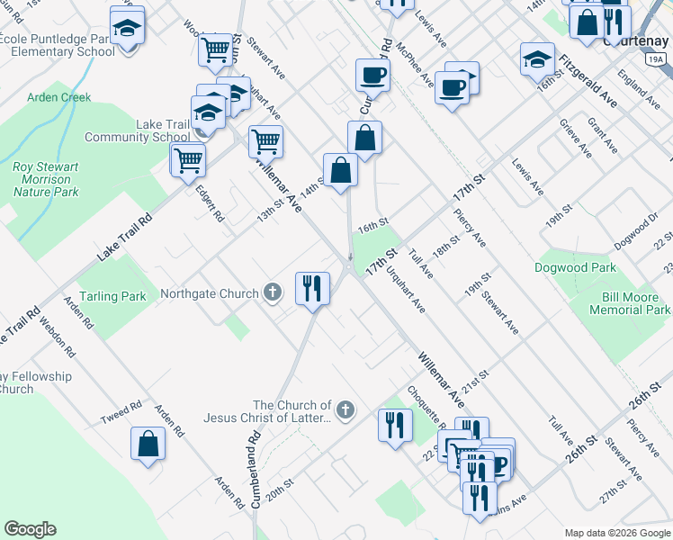 map of restaurants, bars, coffee shops, grocery stores, and more near 1695 A Willemar Avenue in Courtenay