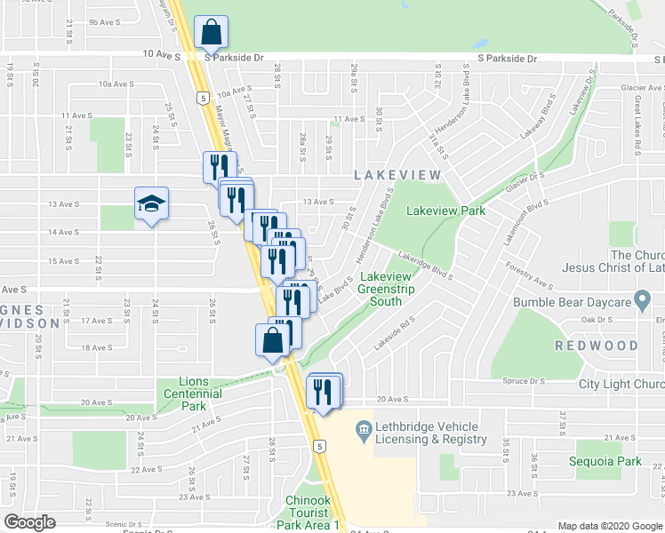 map of restaurants, bars, coffee shops, grocery stores, and more near 2912 15 Avenue South in Lethbridge