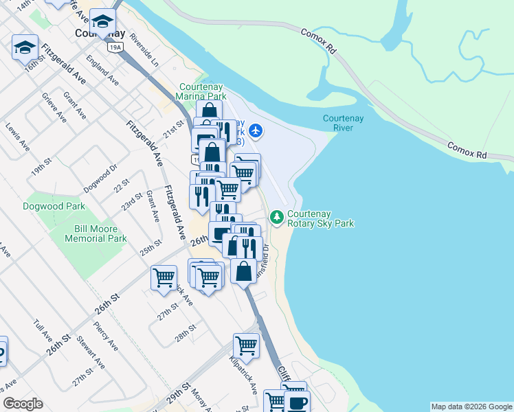 map of restaurants, bars, coffee shops, grocery stores, and more near 2475 Mansfield Drive in Courtenay