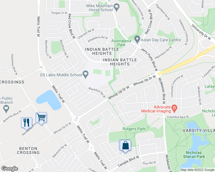 map of restaurants, bars, coffee shops, grocery stores, and more near 525 75 Ave SW in Lethbridge