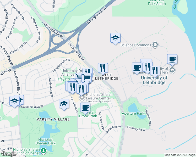 map of restaurants, bars, coffee shops, grocery stores, and more near 2 Columbia Boulevard West in Lethbridge