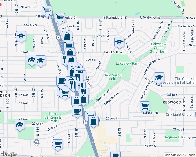 map of restaurants, bars, coffee shops, grocery stores, and more near 2912 15 Avenue South in Lethbridge