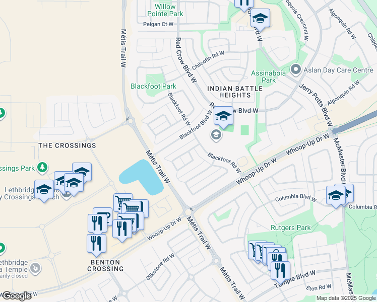 map of restaurants, bars, coffee shops, grocery stores, and more near Blackfoot Manor West in Lethbridge