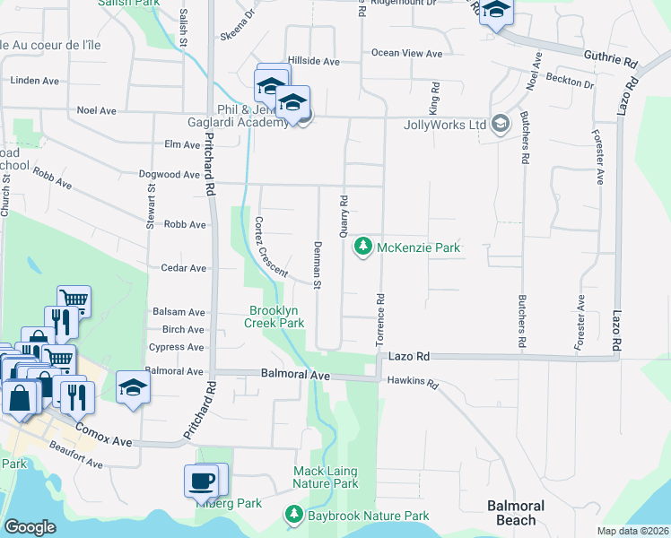 map of restaurants, bars, coffee shops, grocery stores, and more near 325 Quarry Road in Comox
