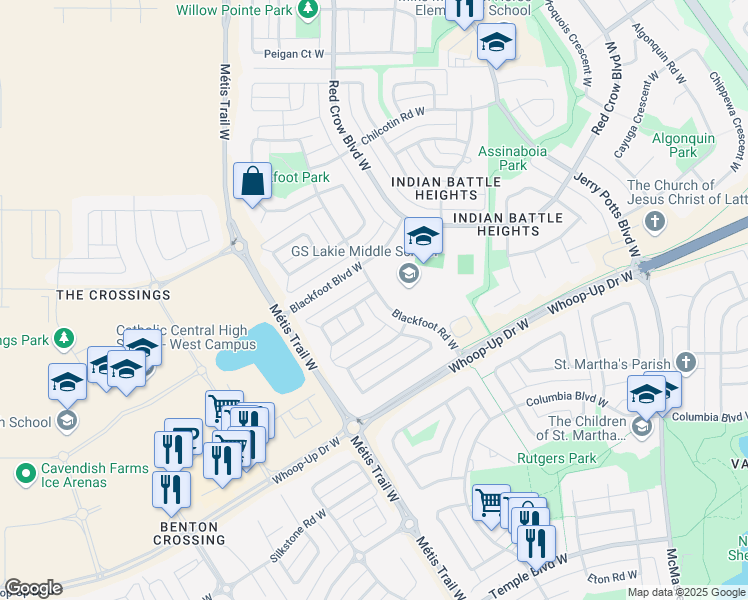 map of restaurants, bars, coffee shops, grocery stores, and more near 226 Blackfoot Road West in Lethbridge