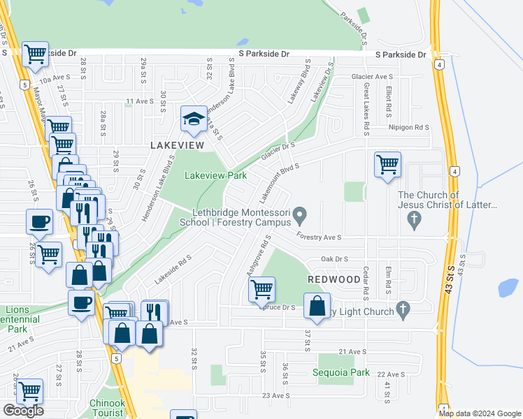 map of restaurants, bars, coffee shops, grocery stores, and more near 3503 Forestry Avenue South in Lethbridge