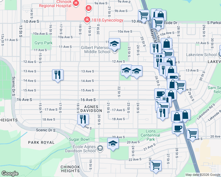 map of restaurants, bars, coffee shops, grocery stores, and more near 2107 15 Avenue South in Lethbridge