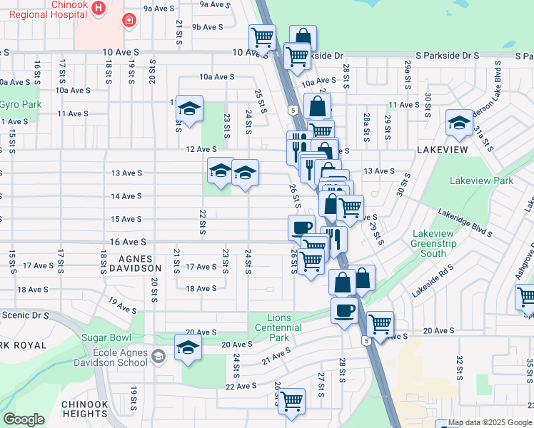 map of restaurants, bars, coffee shops, grocery stores, and more near 2419 15 Avenue South in Lethbridge