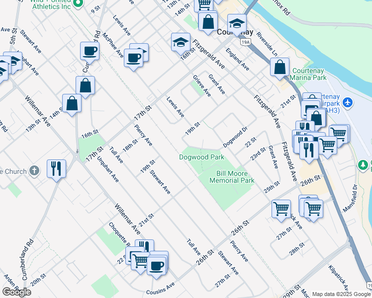 map of restaurants, bars, coffee shops, grocery stores, and more near 1967 Dogwood Drive in Courtenay