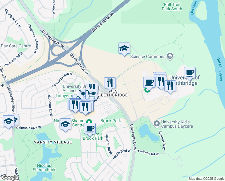 map of restaurants, bars, coffee shops, grocery stores, and more near 4305 University Drive West in Lethbridge