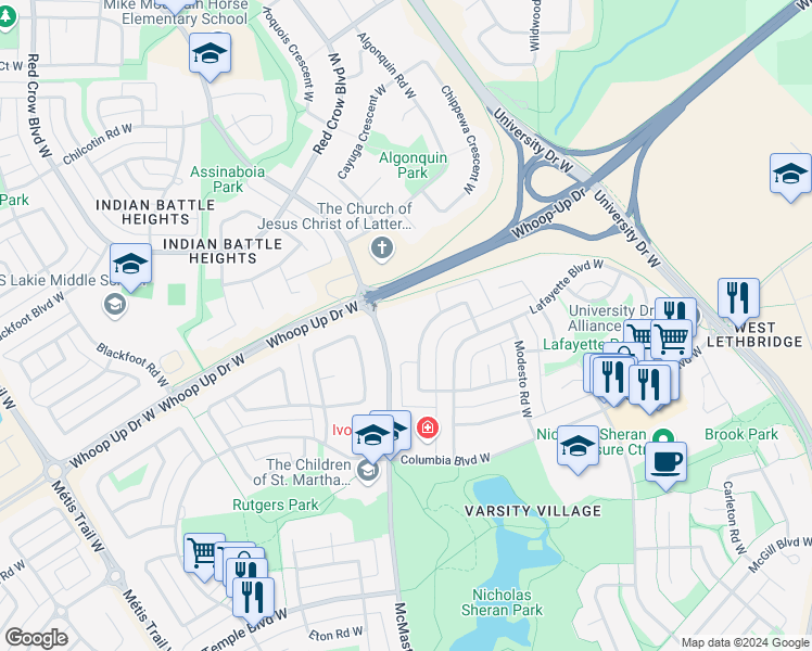 map of restaurants, bars, coffee shops, grocery stores, and more near in Lethbridge