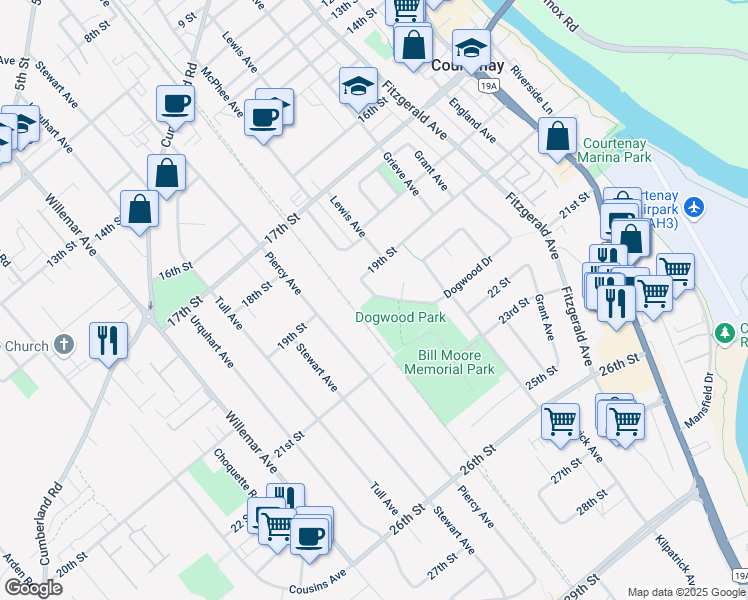 map of restaurants, bars, coffee shops, grocery stores, and more near 1967 Dogwood Drive in Courtenay