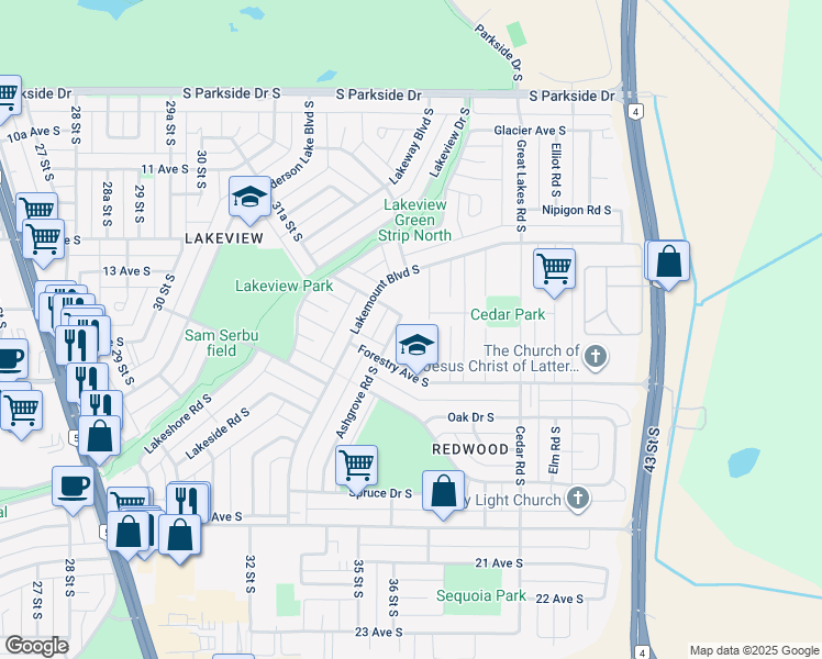 map of restaurants, bars, coffee shops, grocery stores, and more near 3611 Forestry Avenue South in Lethbridge